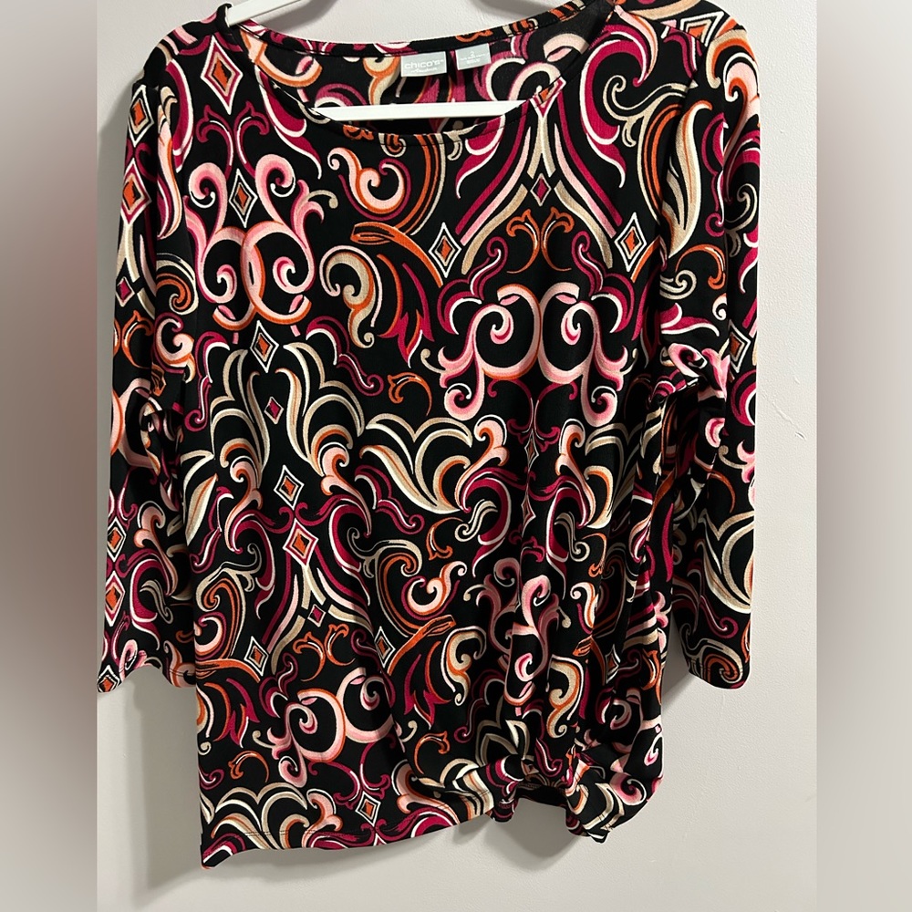 2/$25 Chico’s 3/4 sleeve top with accents of pink, orange and tan
